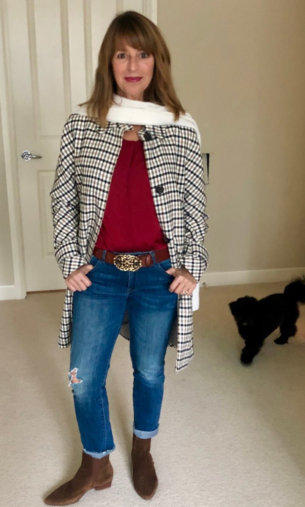  Cream Wrap, Plaid Coat, Jewel Tone Blouse and Chocolate Brown Booties